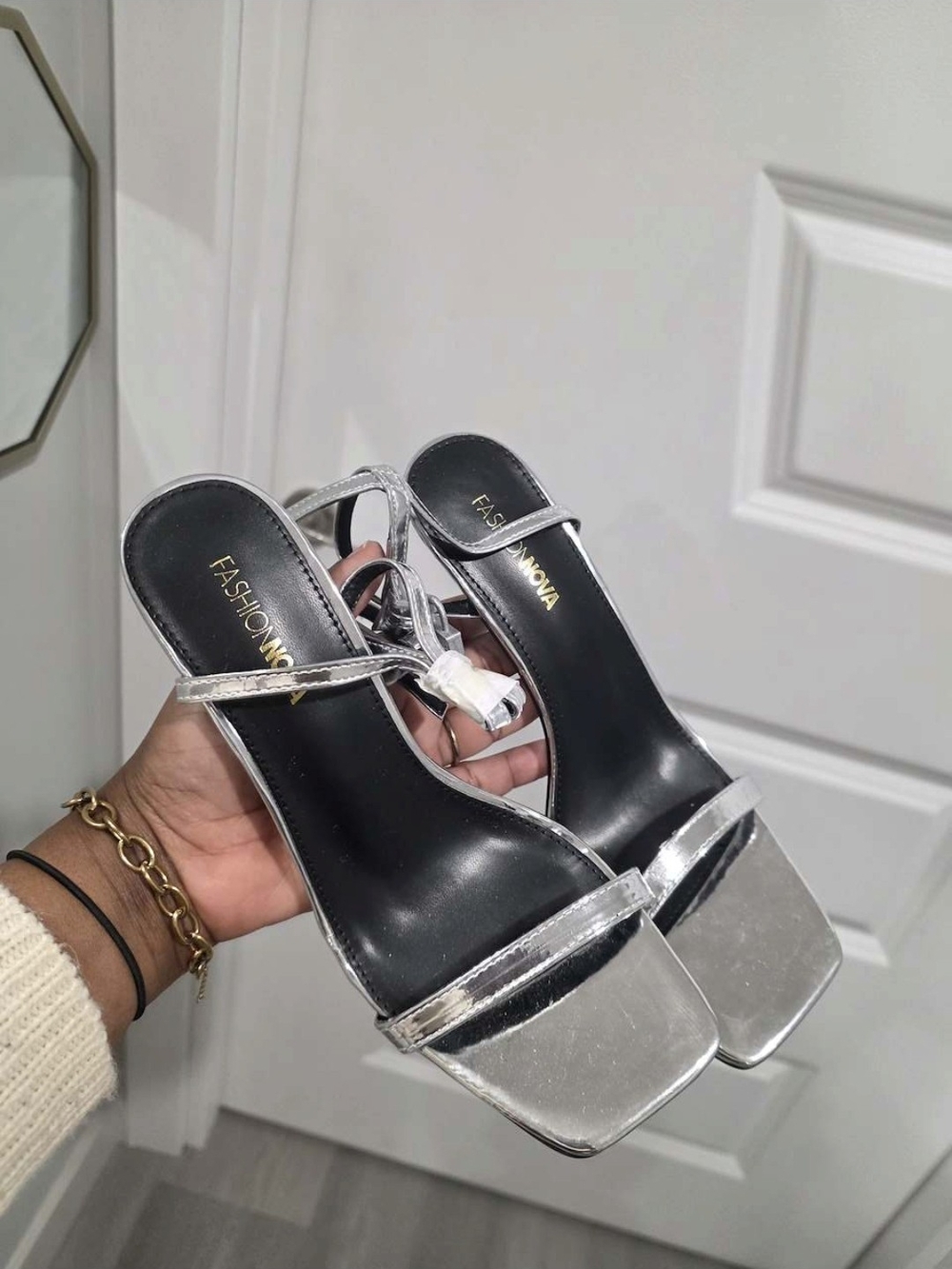 Fashion Nova Metallic Silver Strappy Square Toe Block Heels
